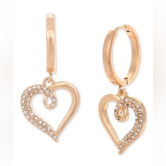 Gold tone pave heart charm hoop earrings - Picture 1 of 1